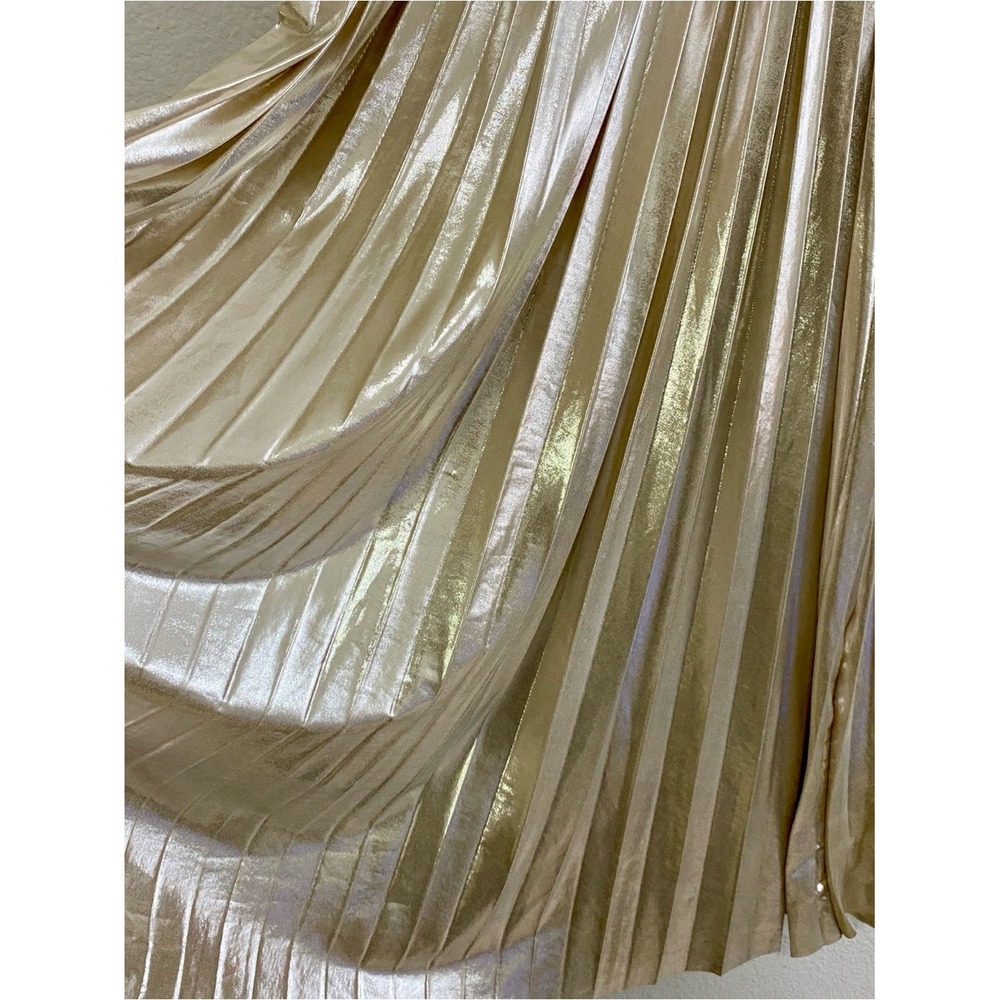 En Saison Gold Metallic Pleated Midi Skirt Elastic Waist Festive Holiday Medium - Picture 2 of 6